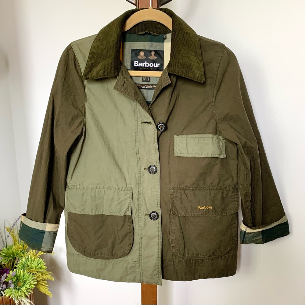 Barbour Garnock Showerproof Jacket with corduroy collar khaki green US 4 SM MED - Picture 2 of 16